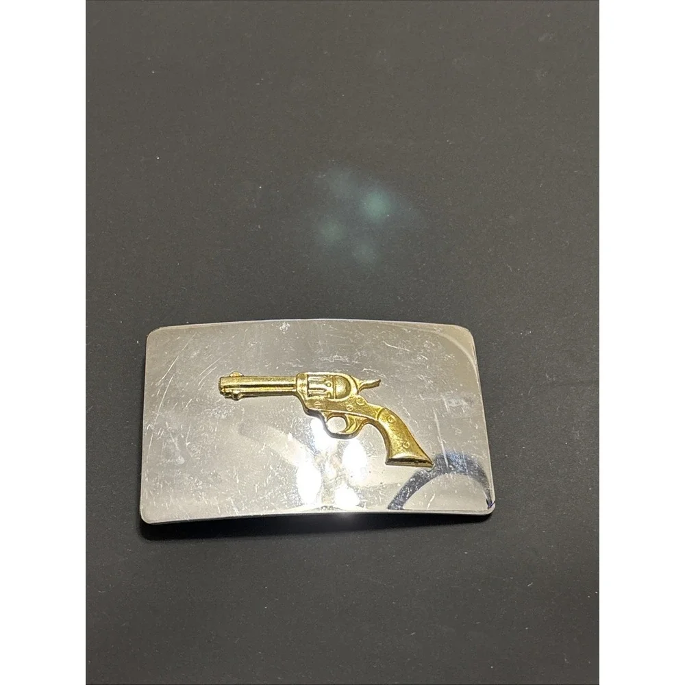 Vintage Made In USA Silver Tone Belt Buckle Gold Revolver Western Pistol Gun